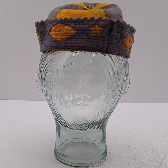 Vintage 2-Tone Yellow / Purple Wool Hat Beanie Cap GEOMETRIC Diamond Star Design - Picture 5 of 12